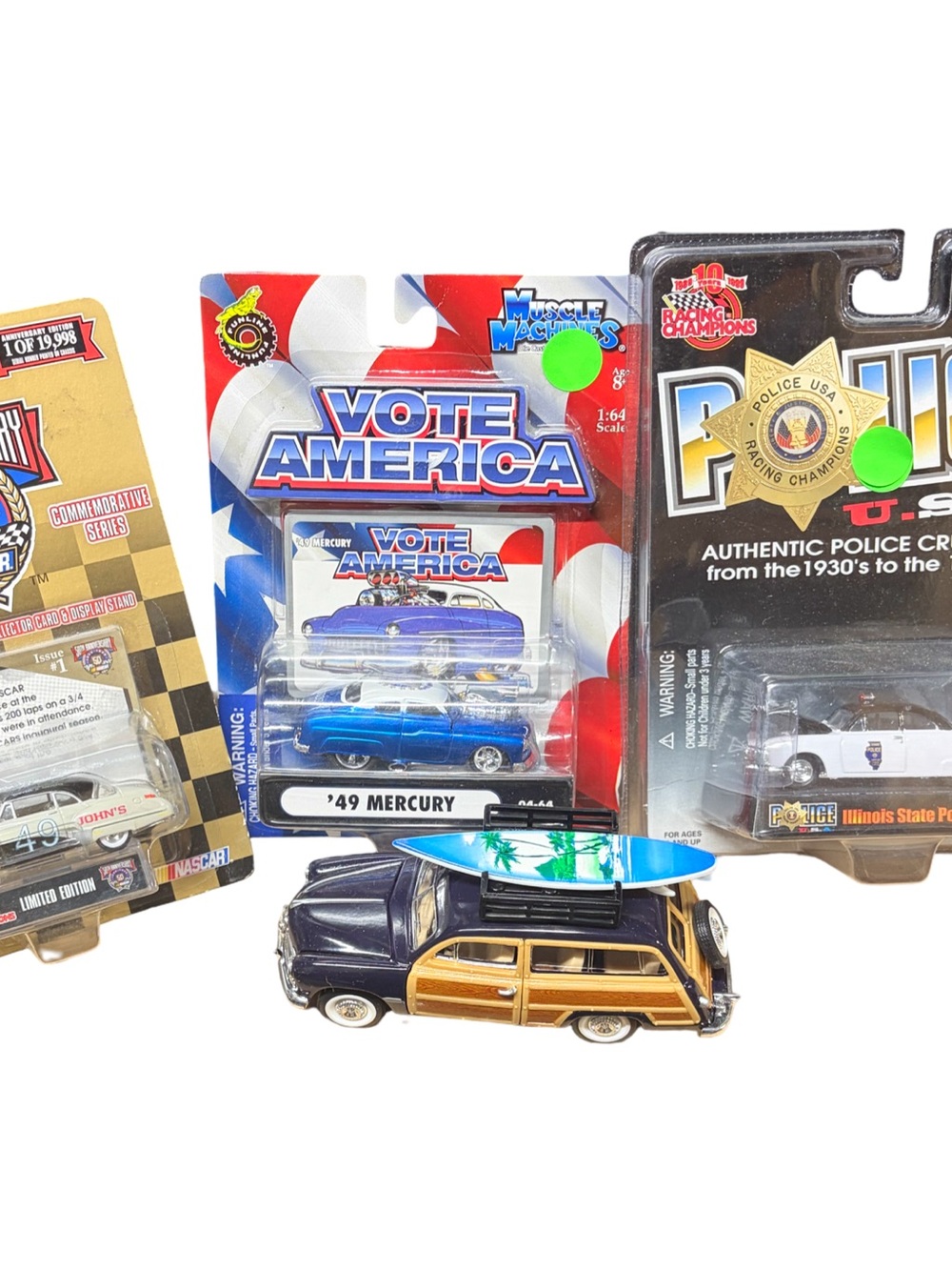 Muscle Machines Blue and Tan Woody Wagon with Surfboard